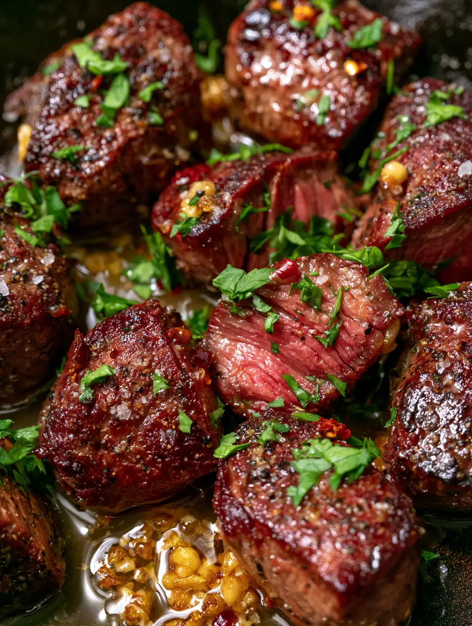 Macro close-up of seared sirloin steak cubes with golden garlic bits and melted butter. (steak meal ideas)