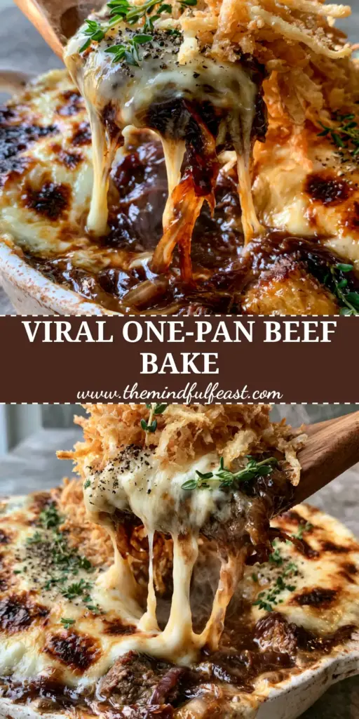 French comfort food: The Ultimate French Onion Beef Bake 4 A close-up of a bubbling French Onion Beef Bake in a white dish, showcasing gooey Gruyere cheese pulls and crispy onion straws. (French comfort food)