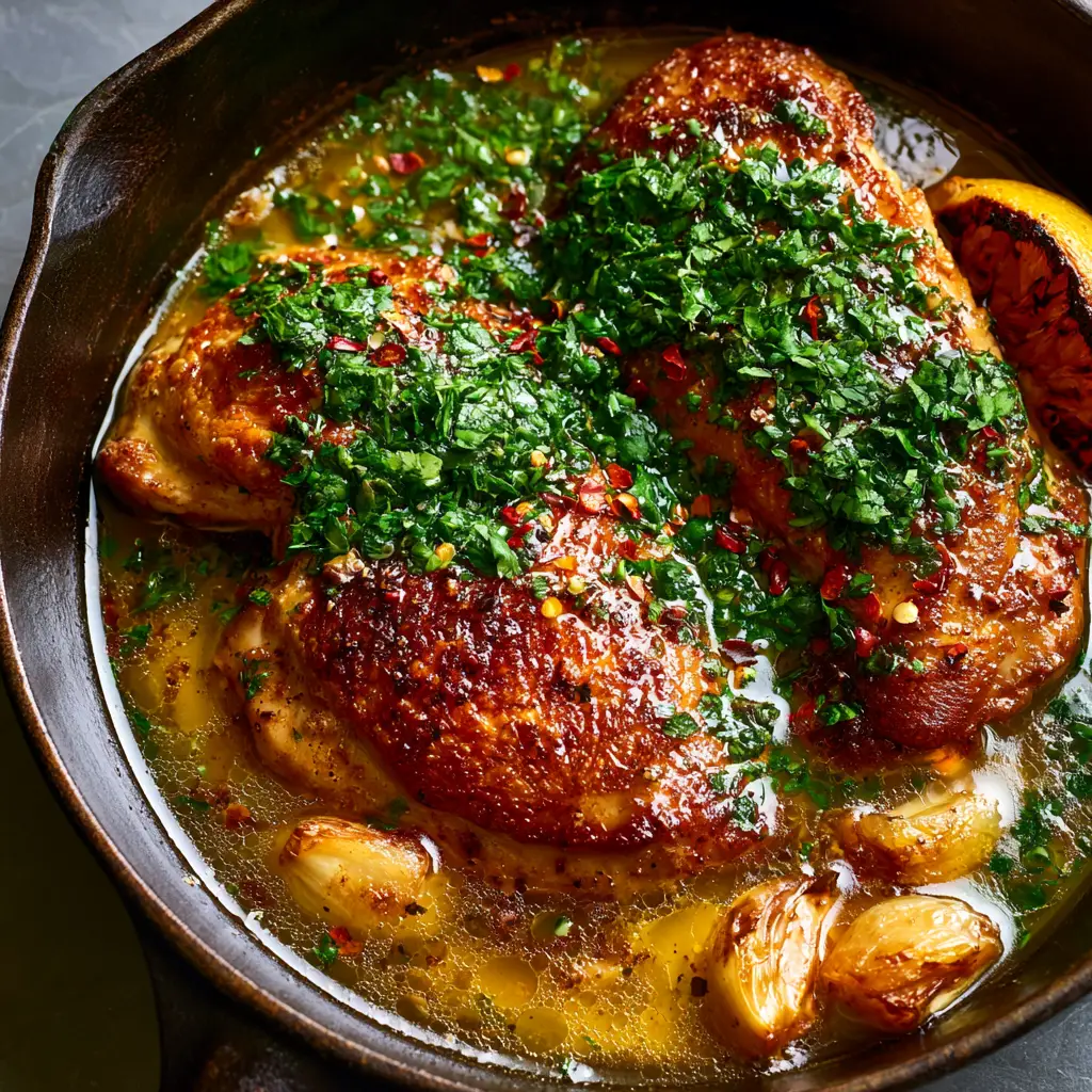 Chicken Dish with Pan-Seared Garlic Butter and Caramelized Whole Cloves 2 Top-down view of a chicken dish with caramelized garlic cloves and charred lemon.