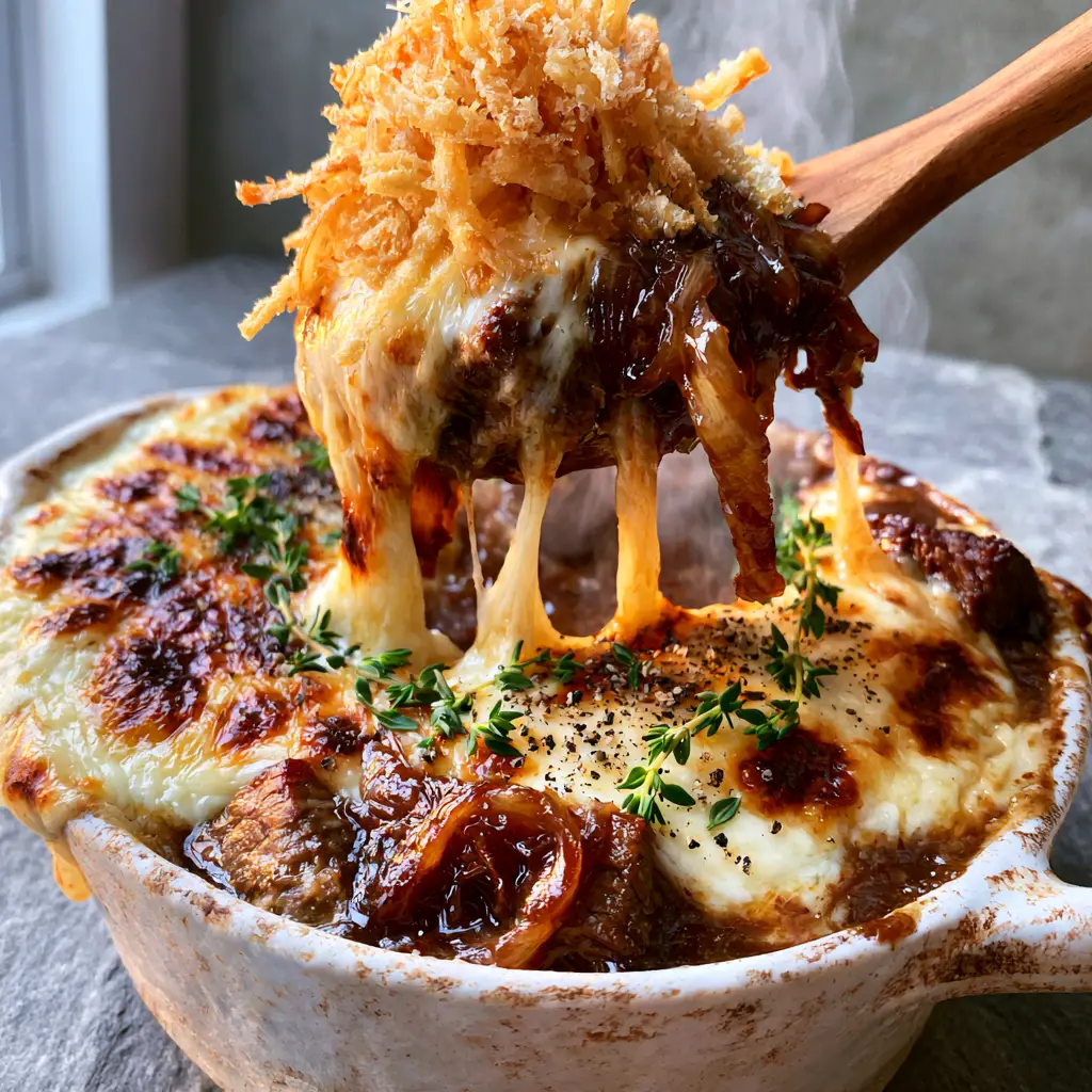 French comfort food: The Ultimate French Onion Beef Bake 2 A smartphone photo of a rustic ceramic dish filled with seared beef, mahogany onions, and charred Gruyere cheese. (French comfort food)