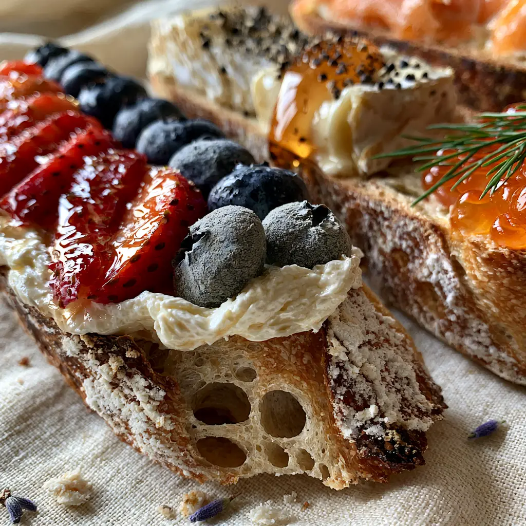 Bastille Day recipes: The Ultimate Gourmet French Tartine Trio 1 Gourmet tartines with creamy brie, lavender honey, and smoked salmon roe on sourdough bread.