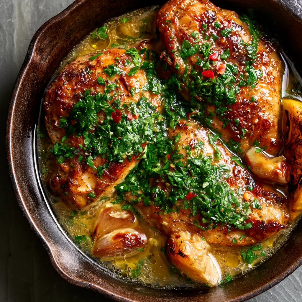 Chicken Dish with Pan-Seared Garlic Butter and Caramelized Whole Cloves 1 Close up of crispy chicken skin and shimmering garlic butter pools.