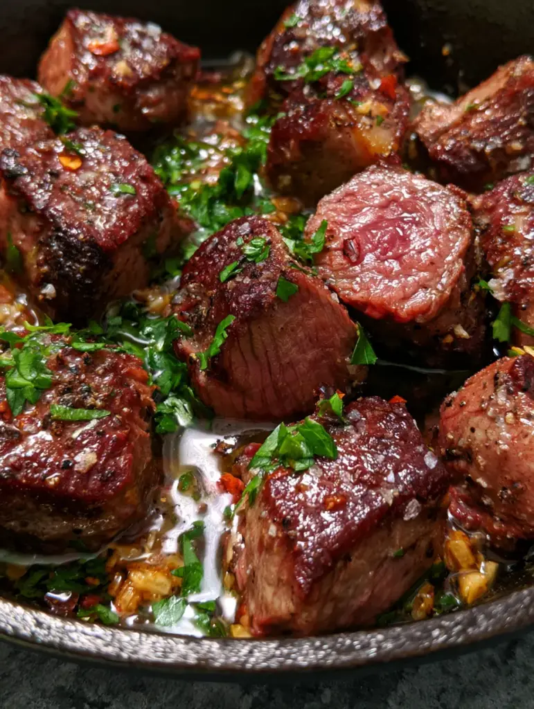 Glistening steak bites in a cast iron skillet with visible red chili flakes and parsley garnish.