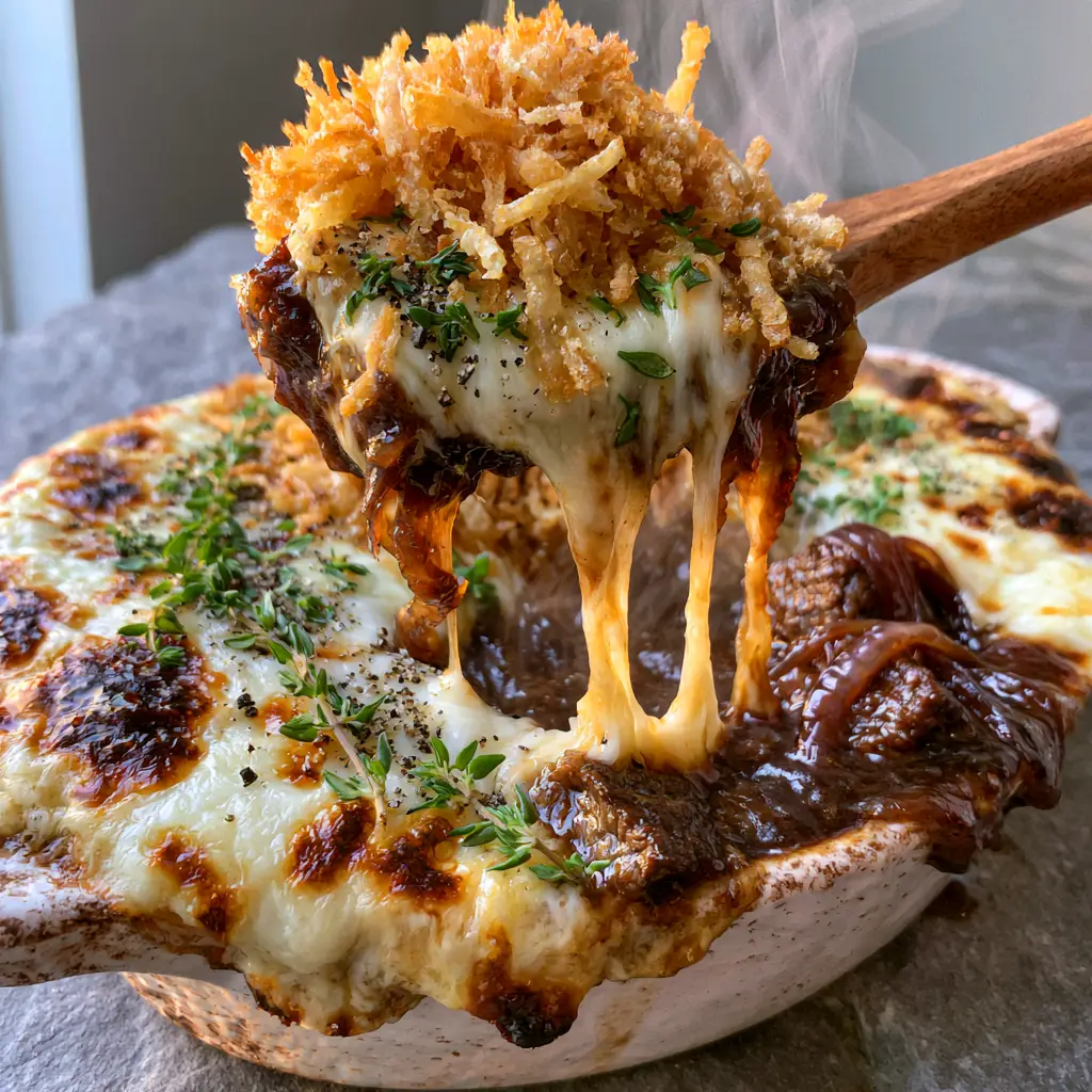 French comfort food: The Ultimate French Onion Beef Bake 1 A wooden spoon lifting a messy portion of beef and noodles from a cheese-topped casserole dish.