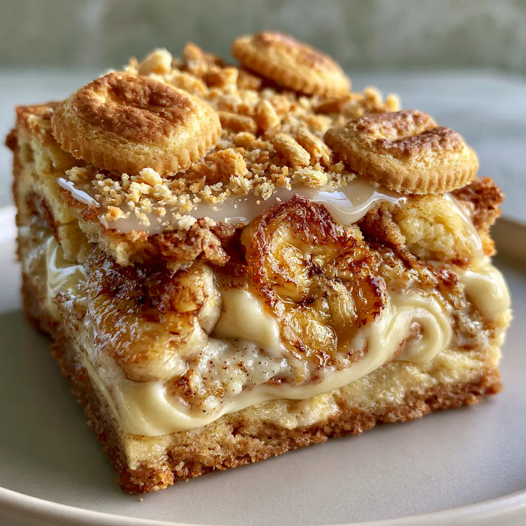 Banana Pudding Brownies: The Ultimate Fudgy Southern Dessert Mashup 1 A top-down view of banana pudding brownies crowned with whole Nilla wafers and a glistening vanilla glaze.