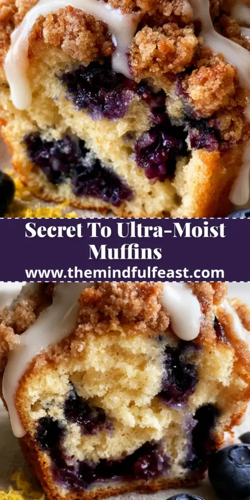 Lemon Blueberry Muffins with Buttery Streusel and Thick Lemon Glaze 4 A close-up shot of bakery-style Lemon Blueberry Muffins with a golden streusel topping and thick white lemon glaze on a linen surface.