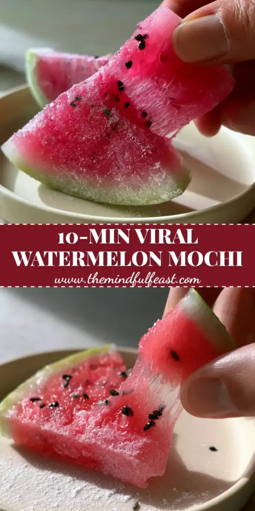 Watermelon Mochi: How to Master the Stretchy, QQ Texture of This Vibrant Summer Treat 4 A minimalist plating of several watermelon mochi slices on a cream dish, showing the pink center and green rind. (watermelon mochi)