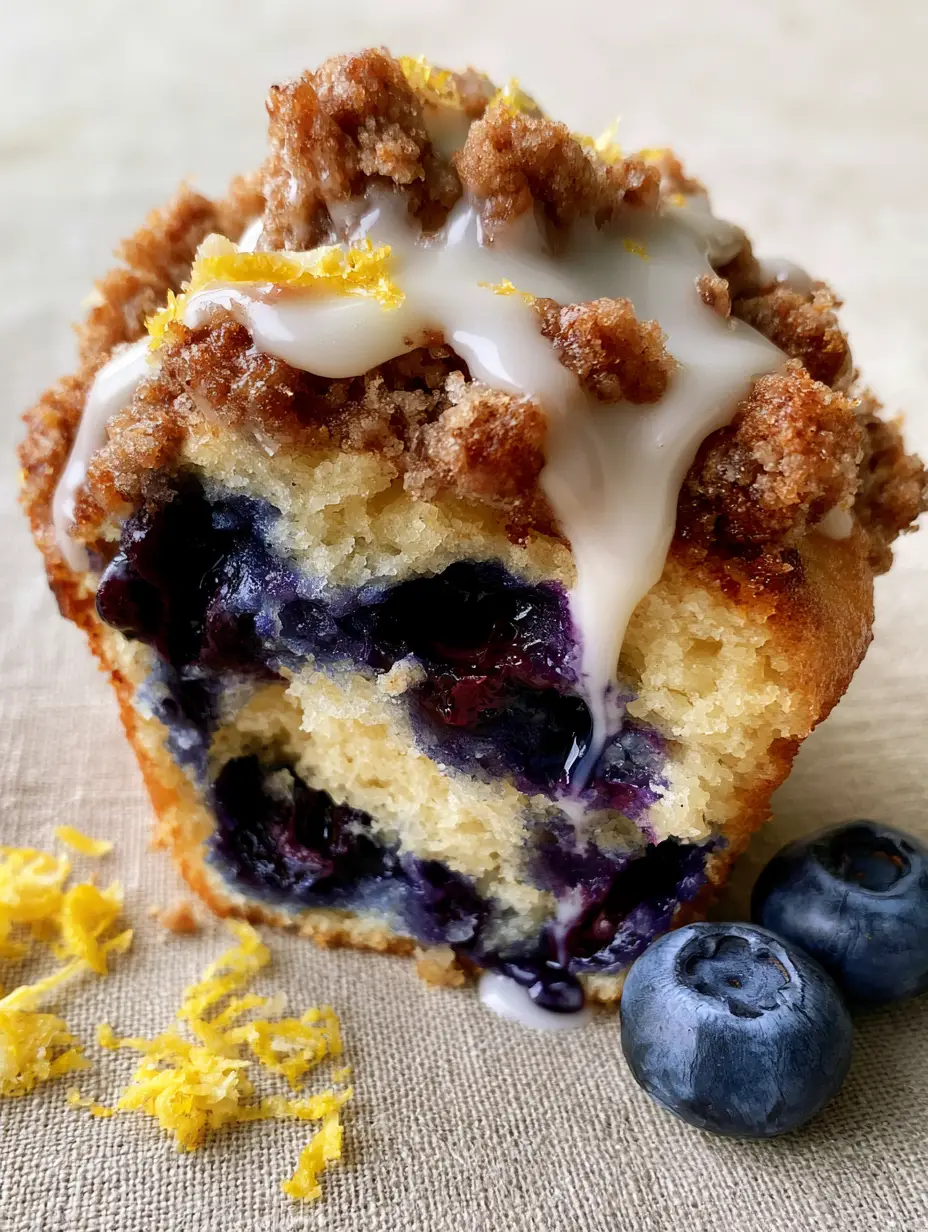 Lemon Blueberry Muffins with Buttery Streusel and Thick Lemon Glaze 3 A single Lemon Blueberry Muffin torn in half showing the steaming fluffy yellow crumb and jammy indigo blueberries.