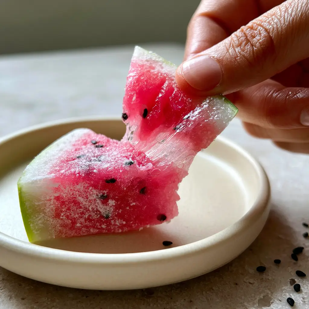 Watermelon Mochi: How to Master the Stretchy, QQ Texture of This Vibrant Summer Treat 2 Macro shot of a hand pulling apart a pink watermelon mochi to show the elastic, stretchy translucent center. (watermelon mochi)