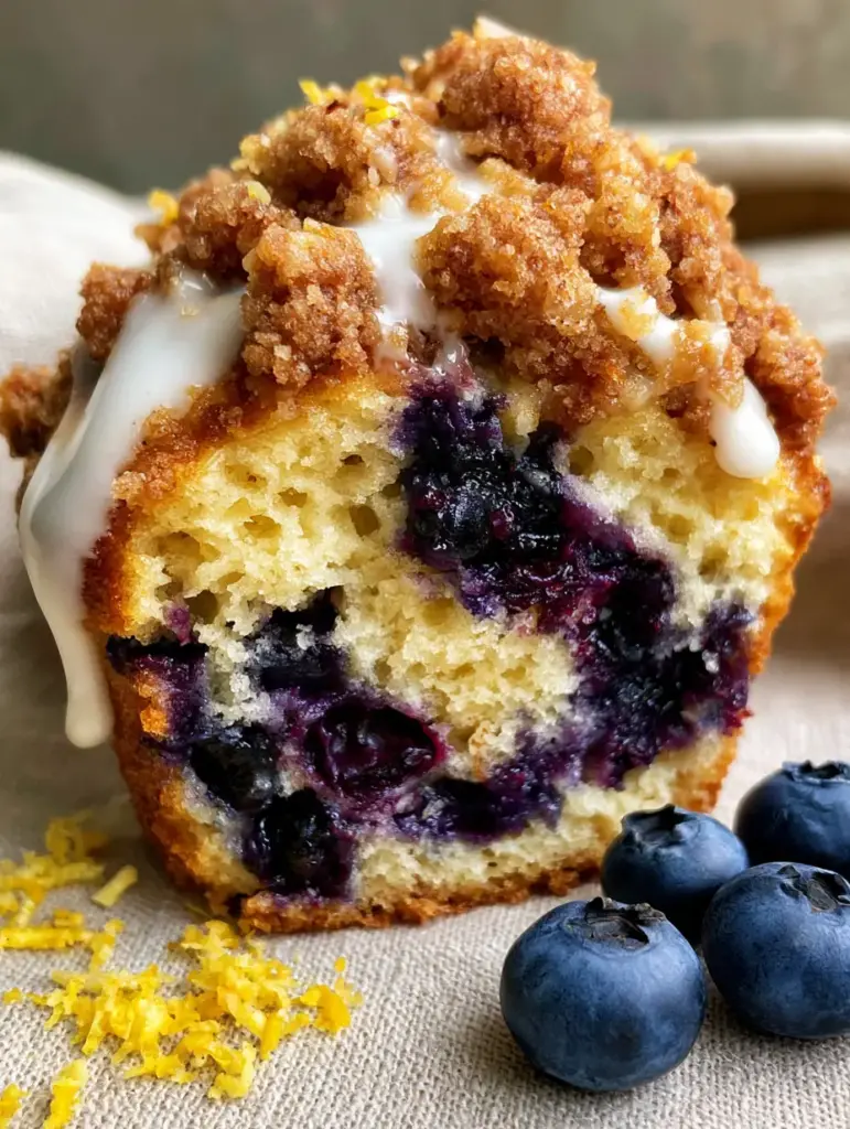 Lemon Blueberry Muffins with Buttery Streusel and Thick Lemon Glaze 1 Macro shot of the golden-brown buttery streusel and thick opaque white lemon sugar glaze on Lemon Blueberry Muffins.