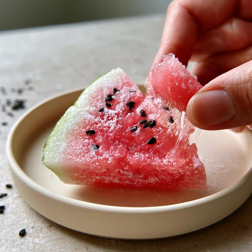 Watermelon Mochi: How to Master the Stretchy, QQ Texture of This Vibrant Summer Treat 1 Eye-level shot of watermelon mochi slices showing the matcha-green rind and black sesame seeds. (watermelon mochi)