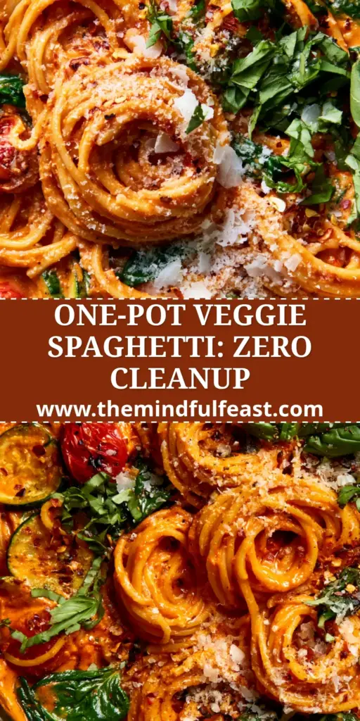 One Pot Veggie Spaghetti in a Sun-Dried Tomato Cream Sauce 4 A close-up overhead shot of One pot veggie spaghetti in a Dutch oven with vibrant orange sauce and green basil.