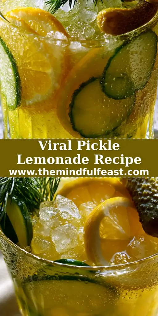 A close-up of Pickle Lemonade in a ribbed glass with crushed ice, lemon wheels, and a gherkin garnish. (Pickle Lemonade)
