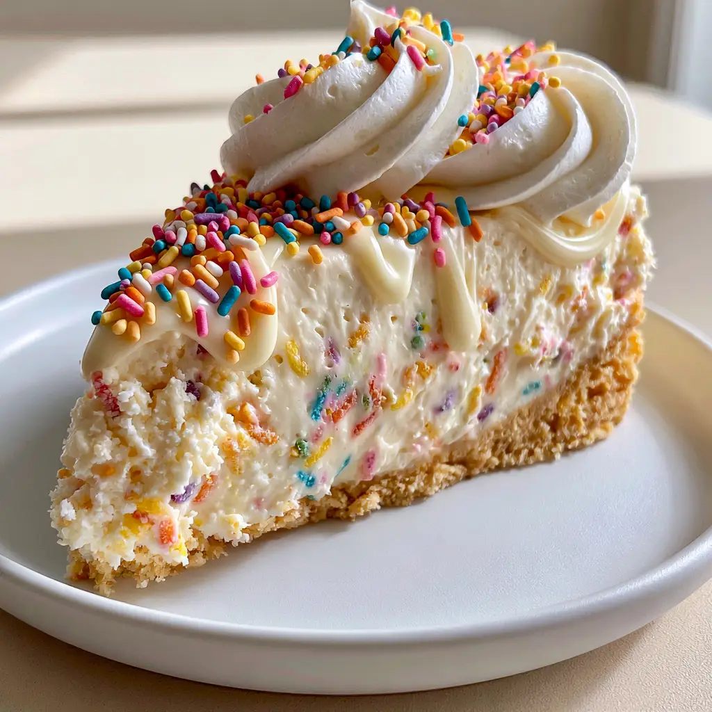 Birthday Cake Cheesecake: The Ultimate No-Bake Celebration Dessert 2 Handheld smartphone photo of a Birthday Cake Cheesecake slice on a white plate with a glossy white chocolate drizzle.