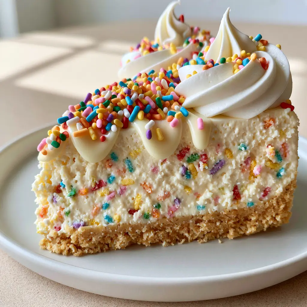 Birthday Cake Cheesecake: The Ultimate No-Bake Celebration Dessert 1 Top view of a Birthday Cake Cheesecake showing elegant piped whipped cream swirls and rainbow sprinkles.