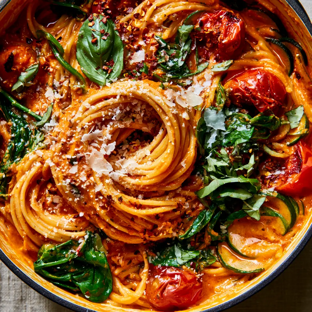One Pot Veggie Spaghetti in a Sun-Dried Tomato Cream Sauce 2 Macro overhead view of One pot veggie spaghetti showing al dente noodles and blistered tomatoes.