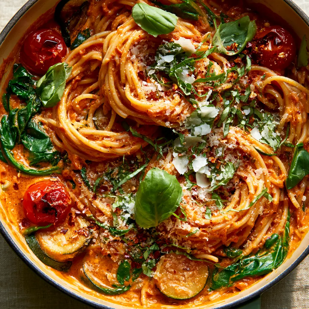 One Pot Veggie Spaghetti in a Sun-Dried Tomato Cream Sauce 1 Detailed view of sautéed zucchini and wilted spinach in One pot veggie spaghetti.