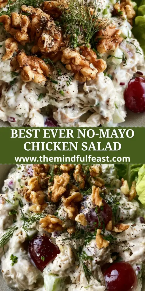 A top-down view of the Healthy Chicken Salad in a white matte bowl featuring shredded chicken, red grapes, walnuts, and fresh dill on a marble surface.
