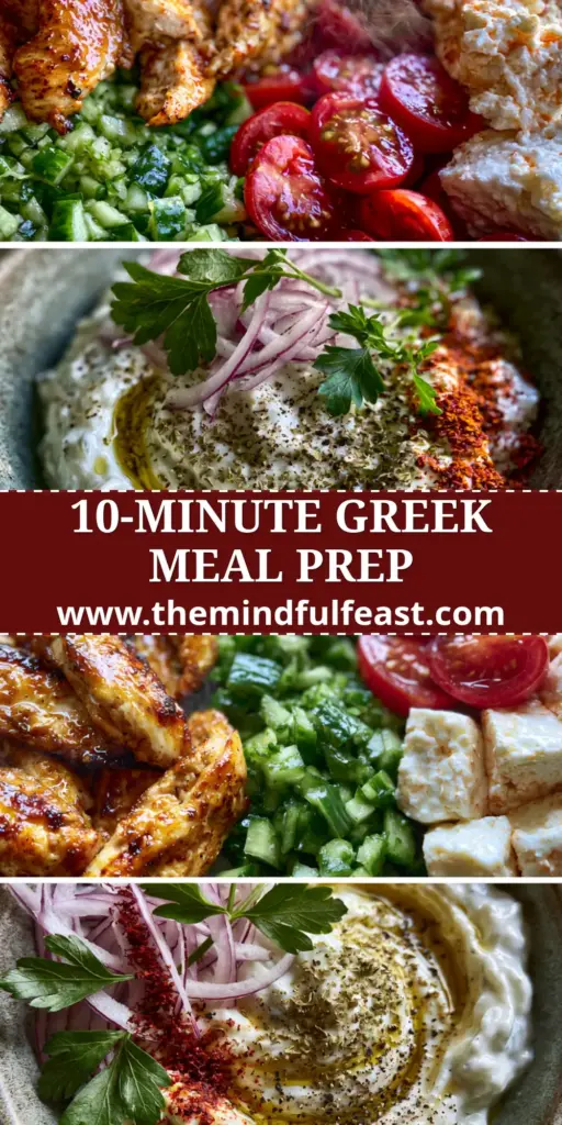 Greek-inspired recipes: Loaded Mediterranean Chicken and Tzatziki Bowls 3 A vibrant top-down shot of Greek-inspired recipes featuring seared chicken, emerald cucumbers, ruby tomatoes, and a thick tzatziki swirl in a rustic bowl.