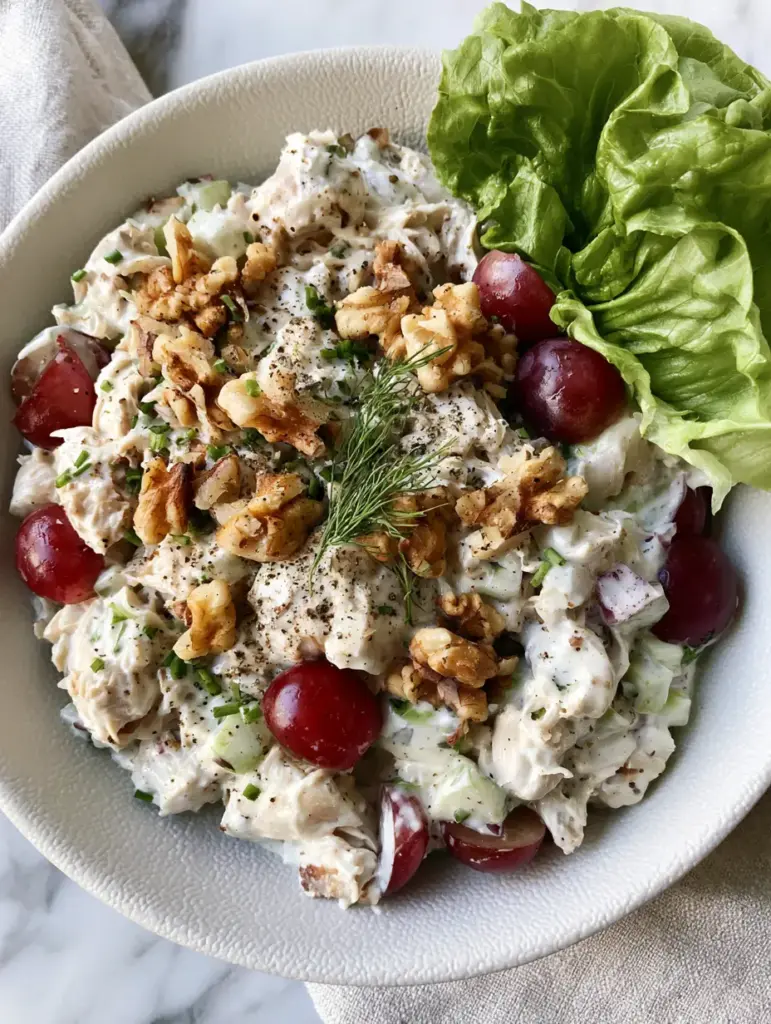Close-up of the Healthy Chicken Salad showing texture: crisp celery, red onion bits, juicy grapes, and a heavy scatter of cracked black pepper.