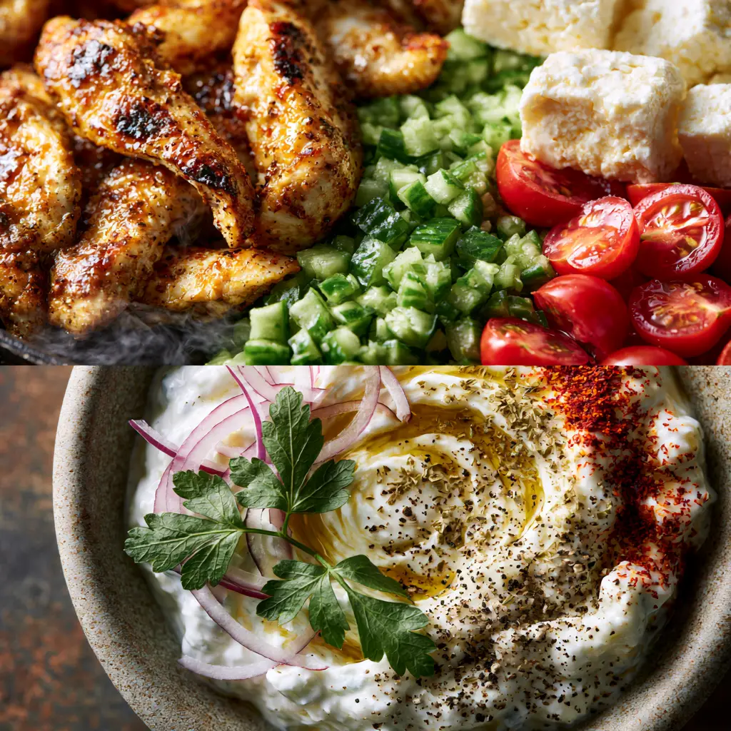 Greek-inspired recipes: Loaded Mediterranean Chicken and Tzatziki Bowls 2 Close-up split screen showing seared chicken strips with char marks and vibrant chopped vegetables for Greek-inspired recipes.