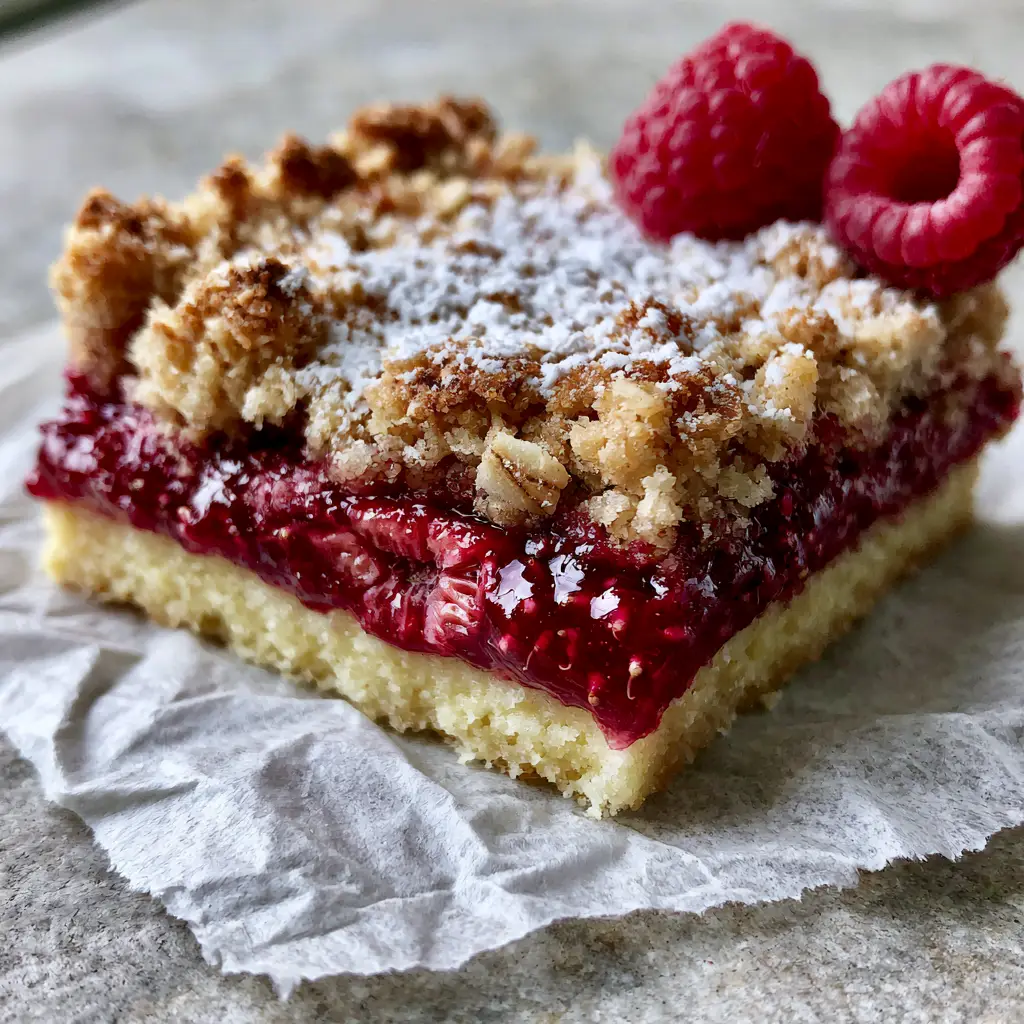 Raspberry Crumble Bars with a Buttery Shortbread Crust 2 Macro shot of a thick raspberry crumble bar showing visible seeds and oozing jam. (raspberry crumble bars)
