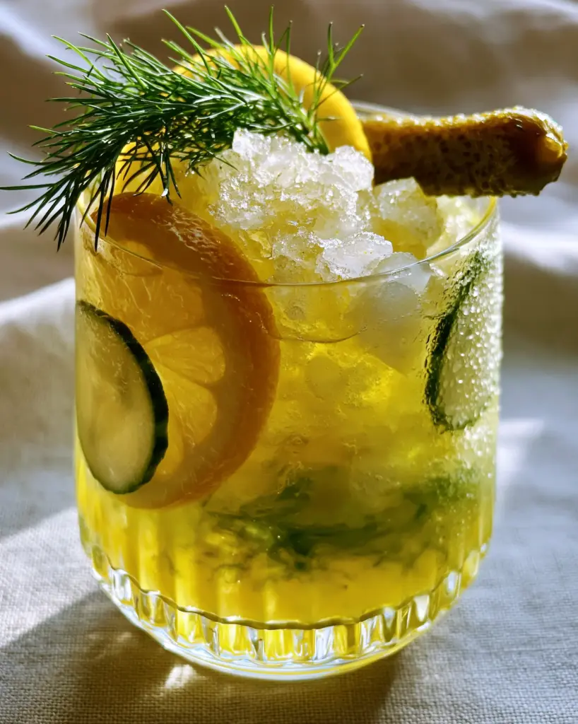 Eye-level view of Pickle Lemonade showing the green pickle juice swirl and clinging cucumber slices. (Pickle Lemonade)