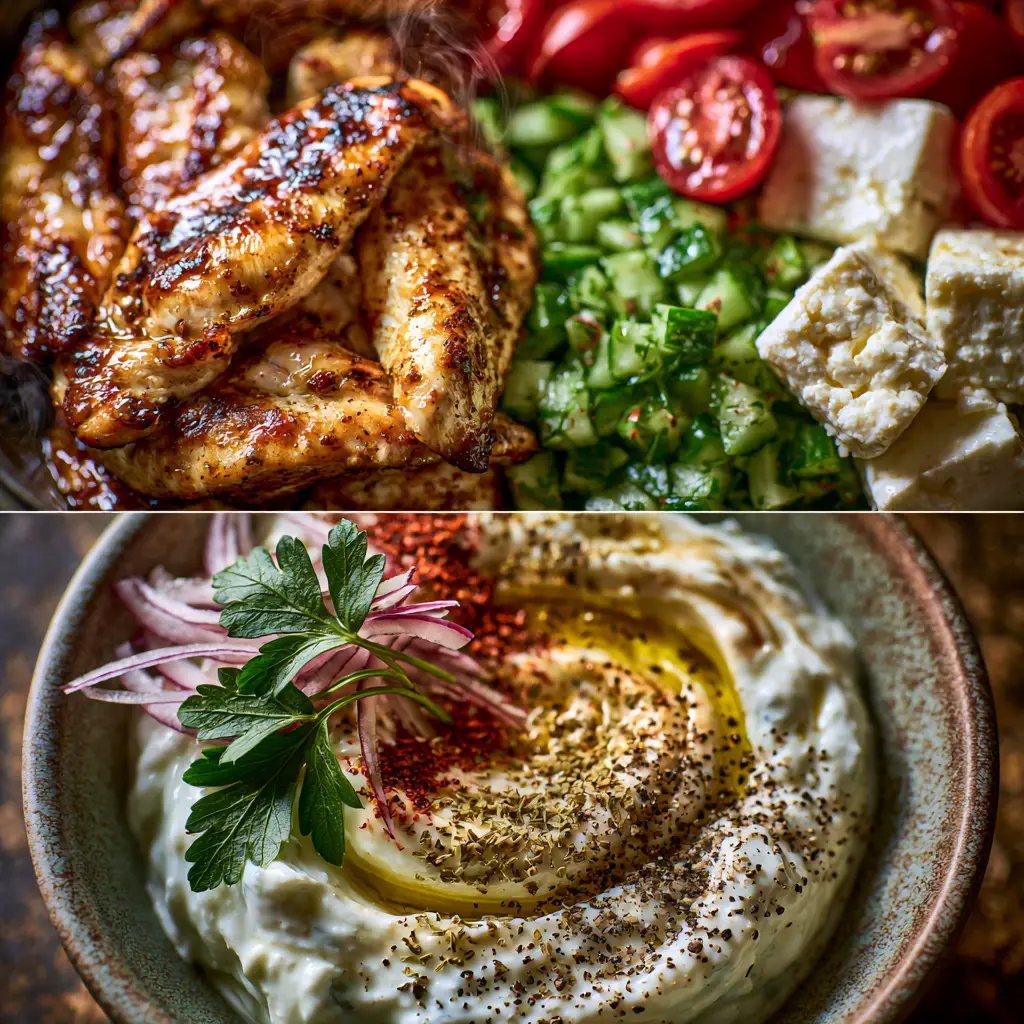 Greek-inspired recipes: Loaded Mediterranean Chicken and Tzatziki Bowls 1 Macro hero shot of thick velvety tzatziki sauce swirled with olive oil and sprinkled with dried oregano and sumac.
