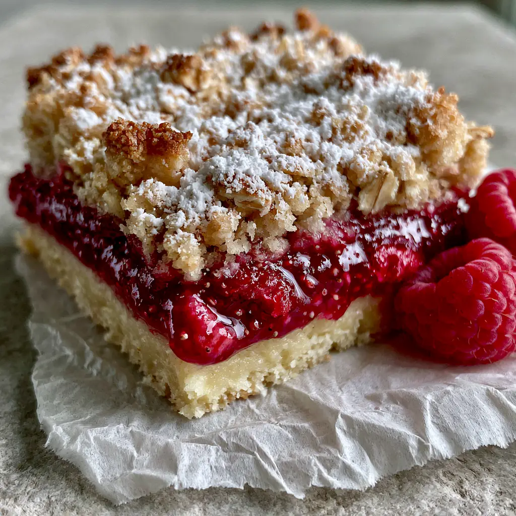 Raspberry Crumble Bars with a Buttery Shortbread Crust 1 Golden brown oatmeal crumble topping with a dusting of powdered sugar on a raspberry bar.