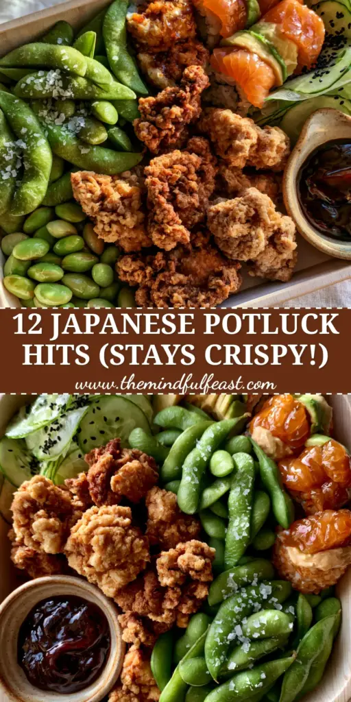 Japanese Potluck Recipes: The Ultimate Crispy Karaage and Sushi Bento Platter 4 A premium bento-style wooden platter featuring golden-brown Karaage chicken, salmon sushi rolls, and vibrant edamame. (Japanese potluck recipes)