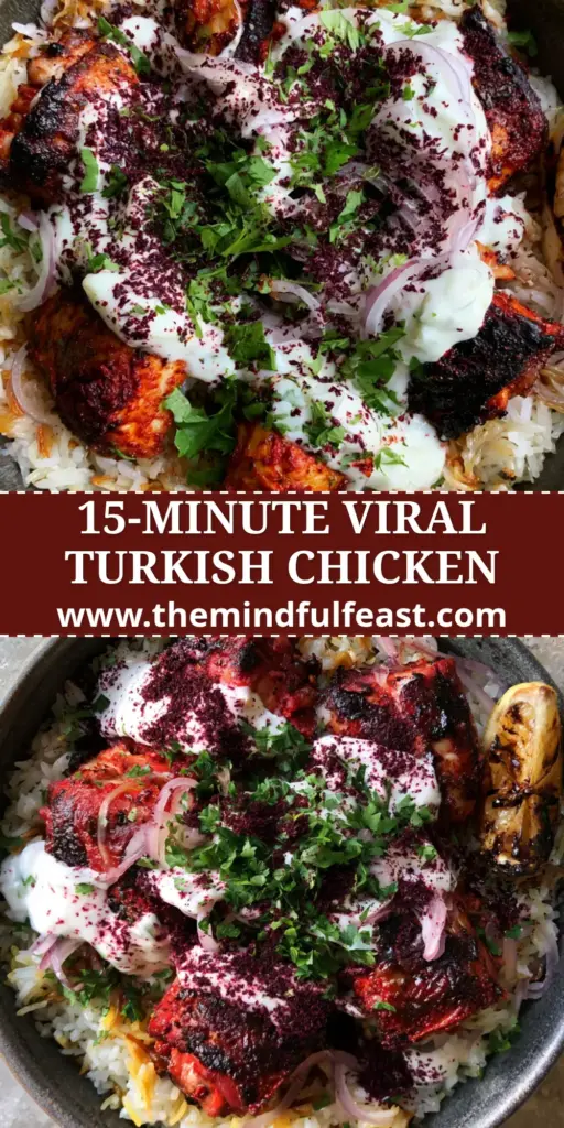 A close-up vertical shot of a Turkish chicken and rice bowl with charred chicken thighs, buttery vermicelli jasmine rice, ribbons of garlic yogurt, and burgundy sumac. (Turkish recipes)