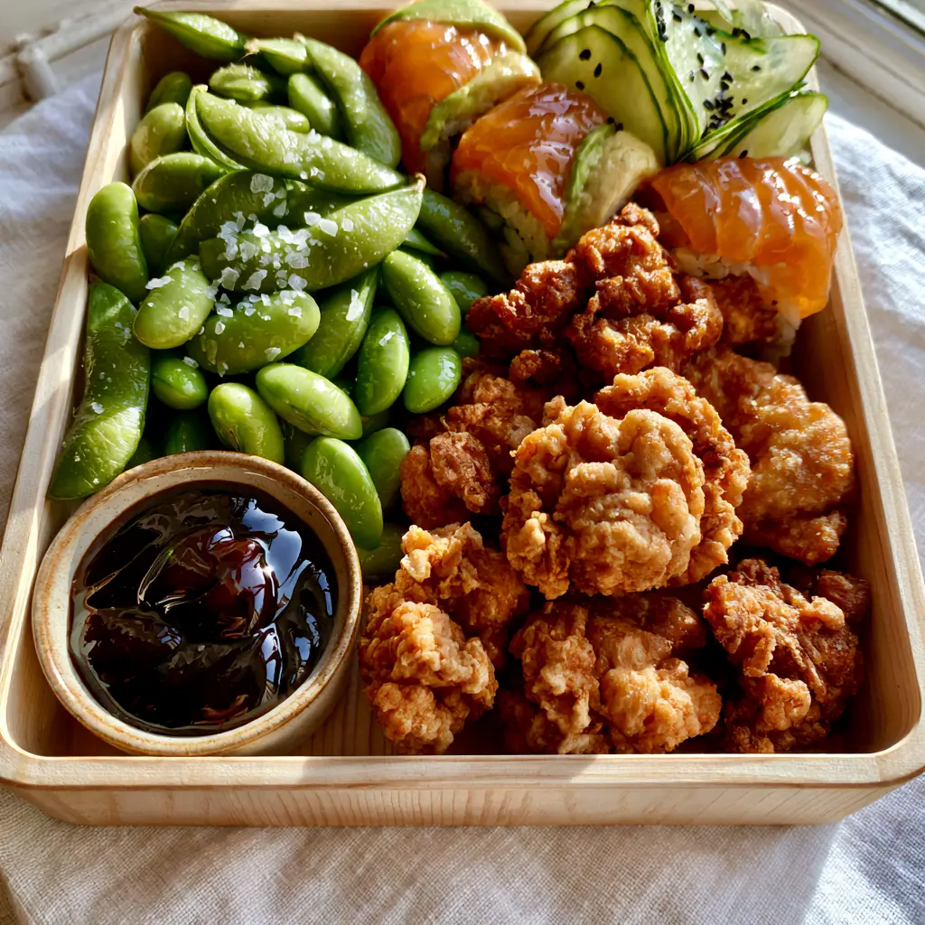 Japanese Potluck Recipes: The Ultimate Crispy Karaage and Sushi Bento Platter 2 Close-up of golden-brown craggy Karaage chicken and green edamame pods with sea salt. (Japanese potluck recipes)