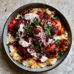 Smartphone photo of seared spiced chicken thighs on a bed of buttery jasmine rice and toasted vermicelli in a charcoal bowl. (Turkish recipes)