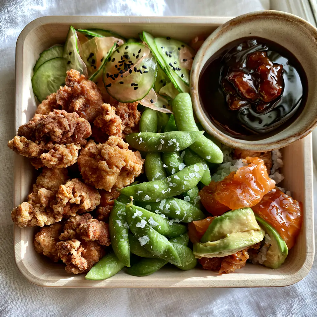 Japanese Potluck Recipes: The Ultimate Crispy Karaage and Sushi Bento Platter 1 Tightly rolled salmon avocado sushi beside translucent cucumber salad and black sesame seeds.