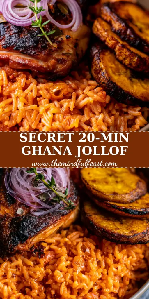 A steaming bowl of authentic Ghana Jollof rice topped with charred chicken and fried plantains. (Ghana recipes)