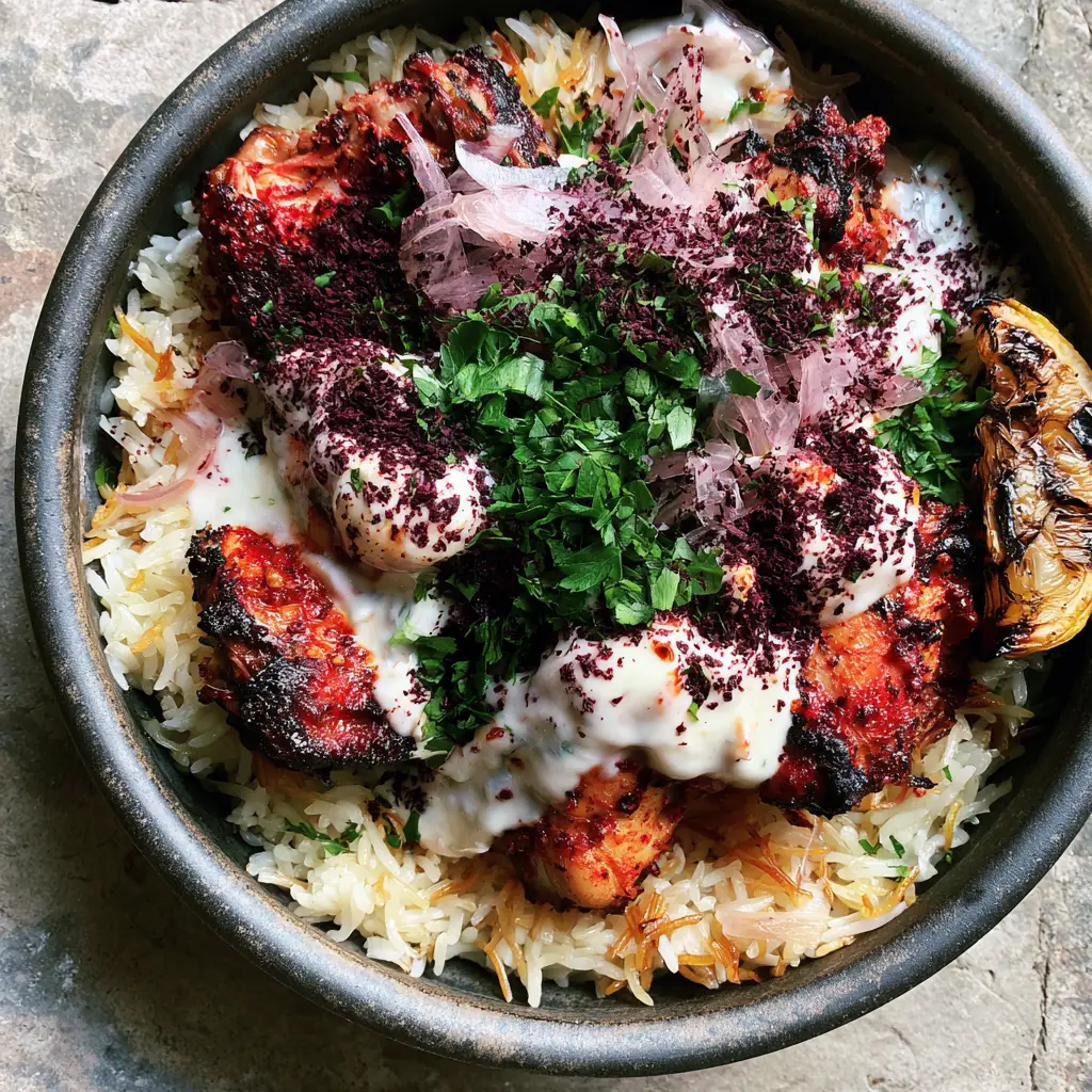 Detailed view of thick garlic yogurt sauce drizzled over red spiced chicken with fresh parsley and sumac garnishes.