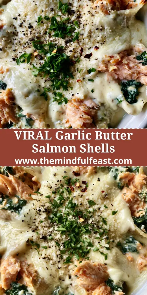 Salmon Stuffed Shells with Garlic Butter Cream Sauce and Wilted Spinach 4 An overhead, close-up shot of salmon stuffed shells in a white ceramic dish, topped with bubbly mozzarella and fresh parsley.