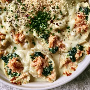Close-up of jumbo pasta shells filled with Atlantic salmon flakes and spinach in a creamy ivory sauce. (salmon stuffed shells)
