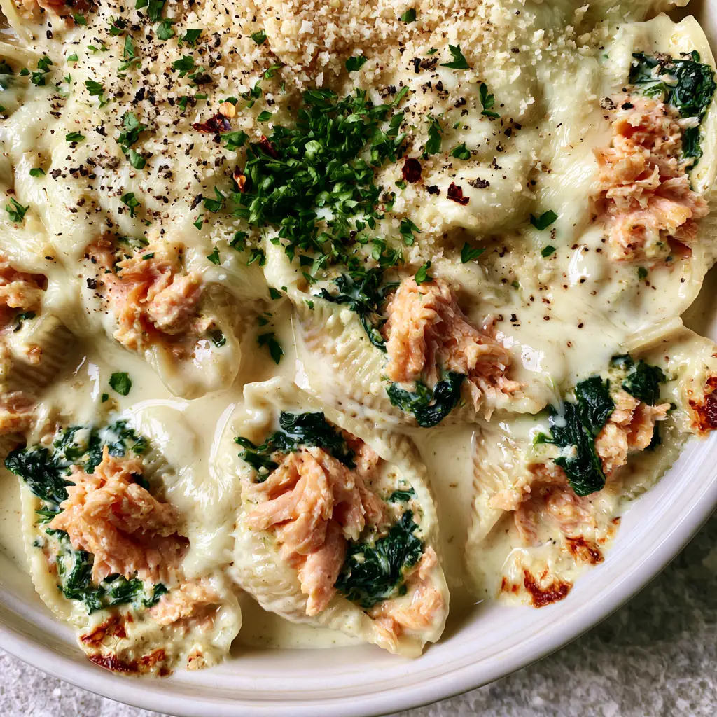 Salmon Stuffed Shells with Garlic Butter Cream Sauce and Wilted Spinach 2 Close-up of jumbo pasta shells filled with Atlantic salmon flakes and spinach in a creamy ivory sauce. (salmon stuffed shells)