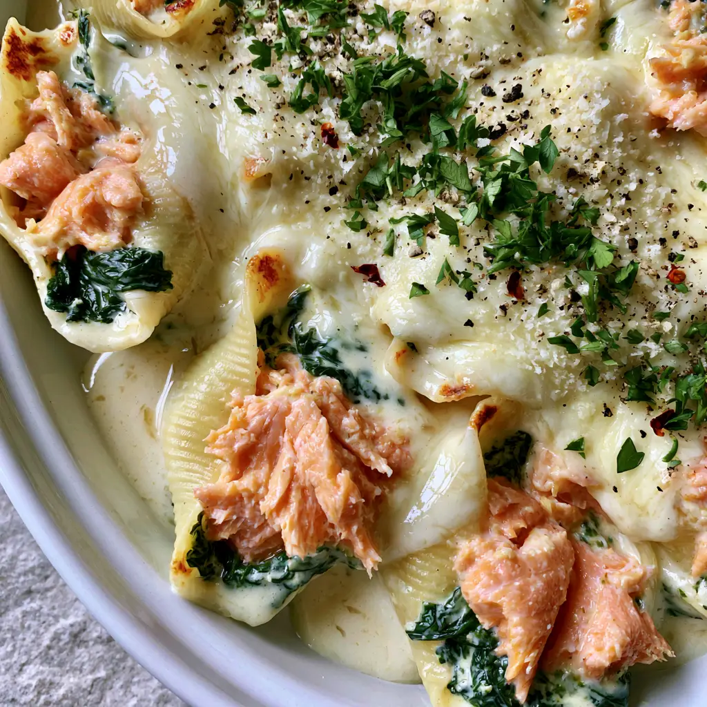 Salmon Stuffed Shells with Garlic Butter Cream Sauce and Wilted Spinach 1 A white ceramic baking dish featuring salmon stuffed shells with golden-toasted edges and melted mozzarella cheese.