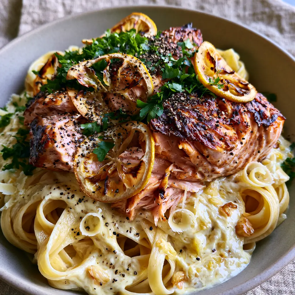 Lemon garlic salmon pasta with Pan-Seared Golden Crust and Silky Cream Sauce 2 Extreme close-up of Lemon garlic salmon pasta showing succulent salmon flakes and velvety sauce.