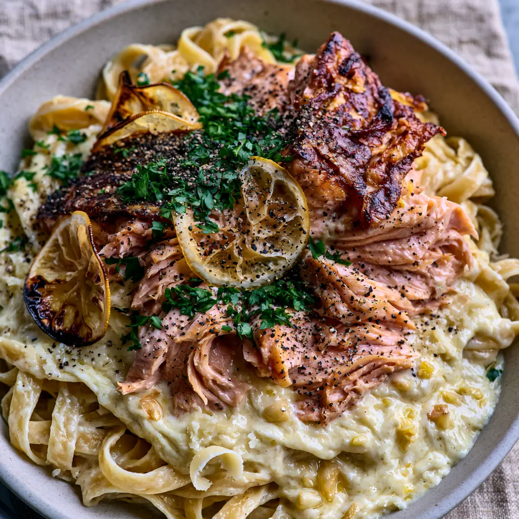 Lemon garlic salmon pasta with Pan-Seared Golden Crust and Silky Cream Sauce 1 Top-down view of fettuccine coated in lemon garlic cream sauce with micro-planed parmesan shavings.