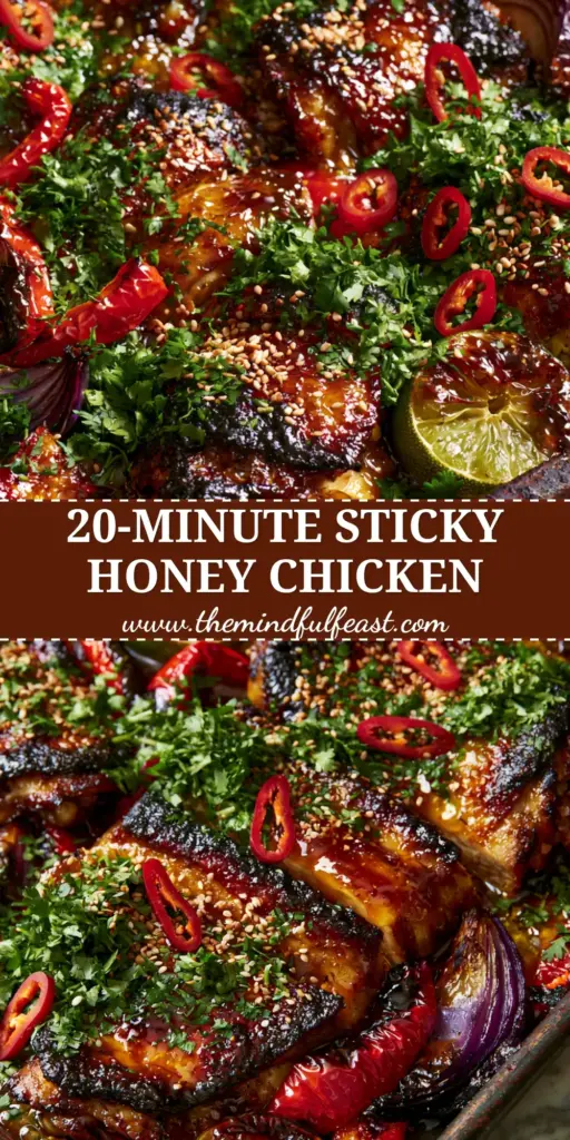 Spicy Honey-Lime Chicken: The Ultimate Sticky Sheet Pan Dinner 3 A close-up of Spicy Honey-Lime Chicken on a sheet pan with blistered peppers, charred onions, and a shimmering amber glaze garnished with sesame seeds and cilantro.