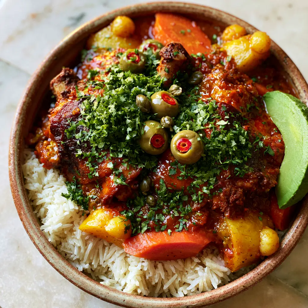 Pollo Guisado: The Ultimate Guide to Authentic, Bone-In Latin Chicken Stew 2 Close-up high-angle shot of bone-in chicken thighs in a rich tomato and sofrito reduction with potatoes and carrots. (Pollo Guisado)