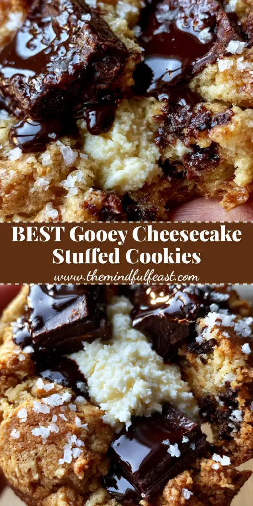 A close-up of a thick, soft-baked cheesecake stuffed chocolate chip cookie being pulled apart to reveal a creamy white center and melted dark chocolate chunks.