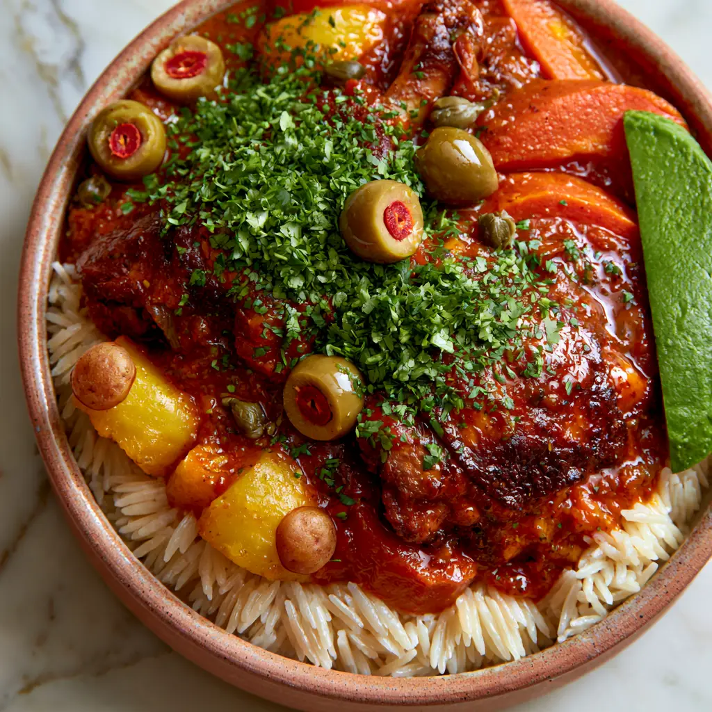 Pollo Guisado: The Ultimate Guide to Authentic, Bone-In Latin Chicken Stew 1 A steaming bowl of Pollo Guisado featuring pimiento-stuffed olives, capers, and a slice of avocado on a bed of white rice.