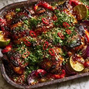 Extreme close-up of sliced Spicy Honey-Lime Chicken with a mahogany sear and thick honey-sriracha glaze on a dark sheet pan.