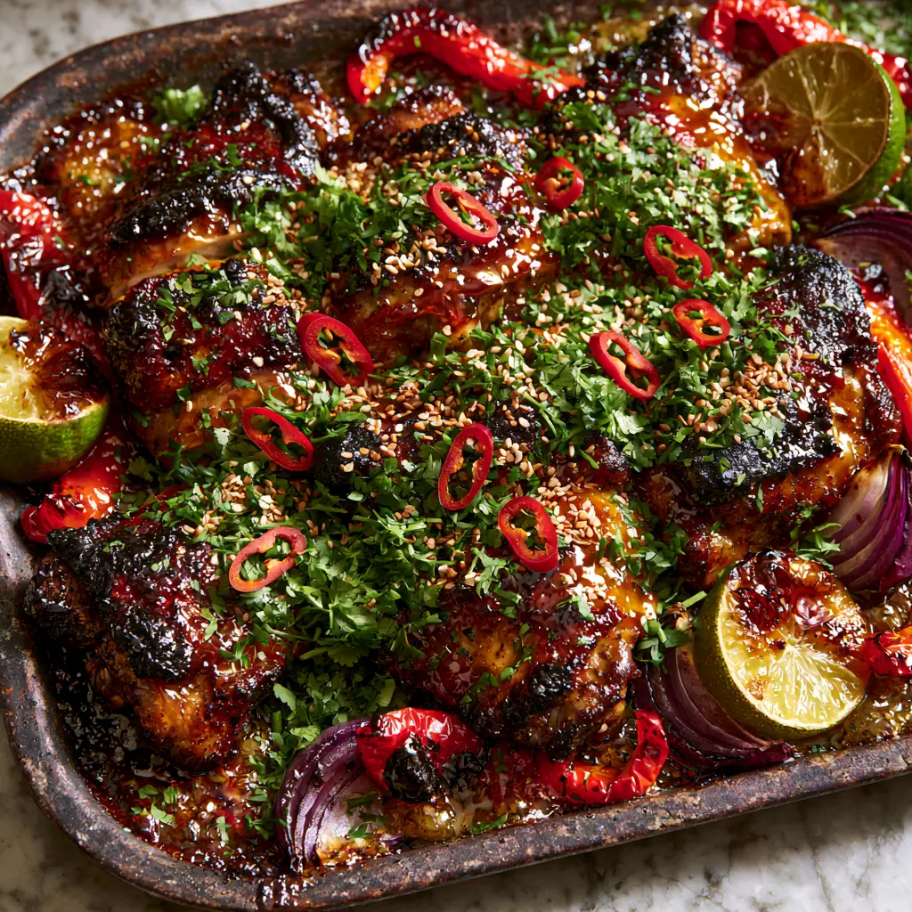 Spicy Honey-Lime Chicken: The Ultimate Sticky Sheet Pan Dinner 2 Extreme close-up of sliced Spicy Honey-Lime Chicken with a mahogany sear and thick honey-sriracha glaze on a dark sheet pan.