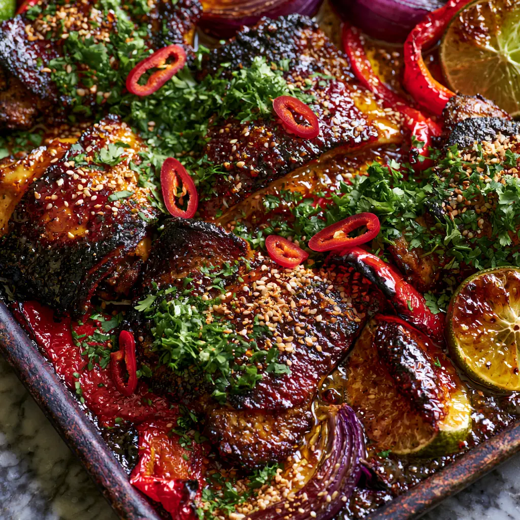 Spicy Honey-Lime Chicken: The Ultimate Sticky Sheet Pan Dinner 1 High-angle view of charred red onion petals and blistered red peppers alongside glazed chicken thighs.