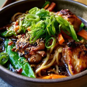 Extreme macro close-up of thick wheat noodles drenched in glossy dark umami sauce for Asian dinner ideas.